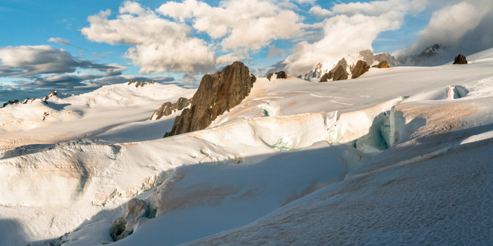 Deep crevasses in upper parts of Franz Josef Glacier, Westland Tai Poutini National Park, West Coast, UNESCO Wolrd Heritage Area, New Zealand, NZ