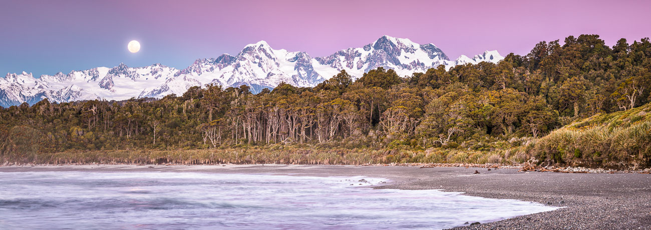 Moonrise over Mount Tasman and Aoraki Mount Cook