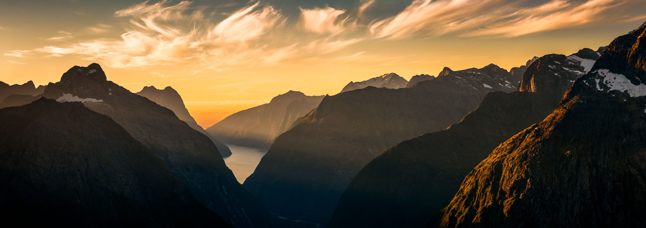 Sunset over Darran Mountains and Milford Sound